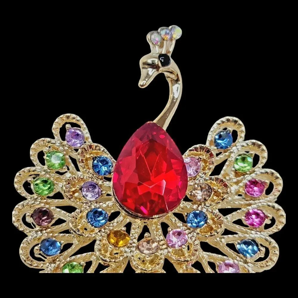 Beautifull Large Gold‎ Peacock With Multi-Colored Rhinestones Brooch Pin Pendant